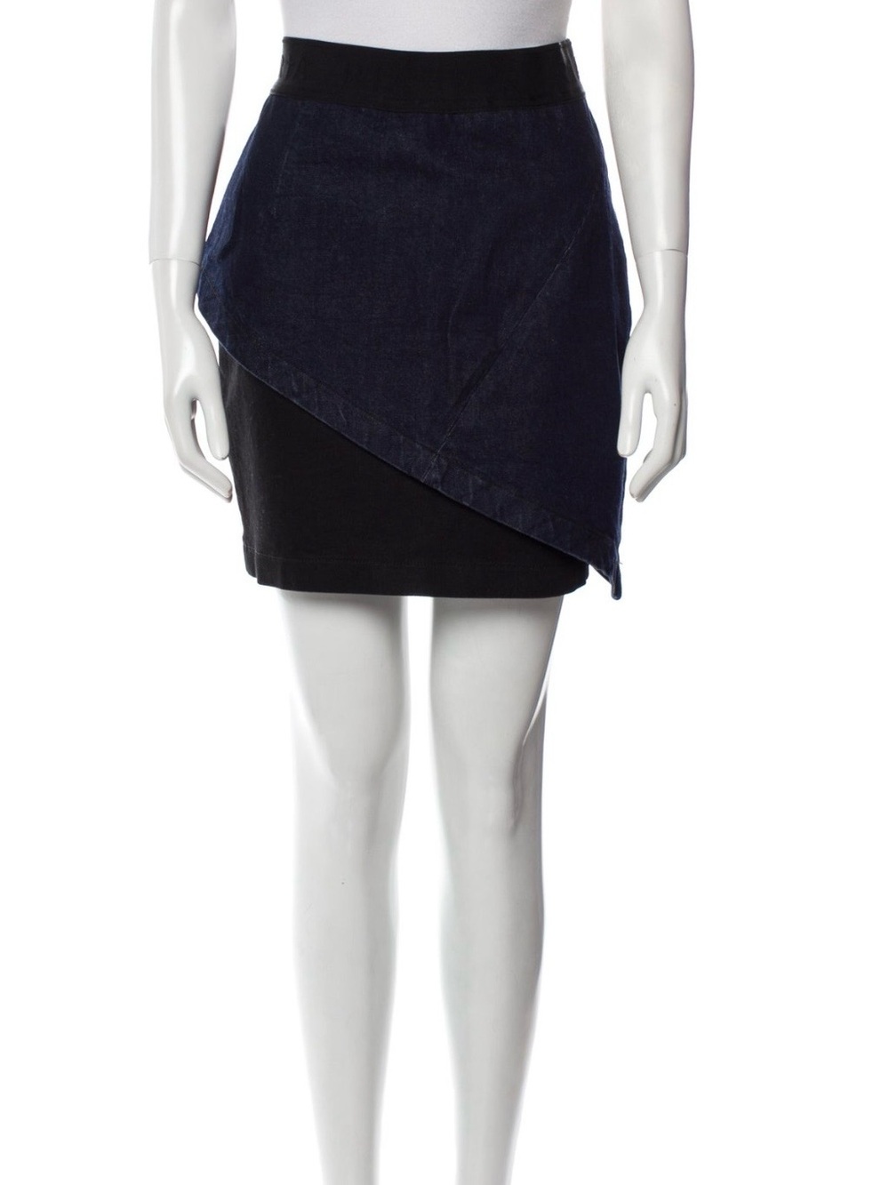 RtA Navy and Black Asymmetrical Wrap Denim Mini Skirt